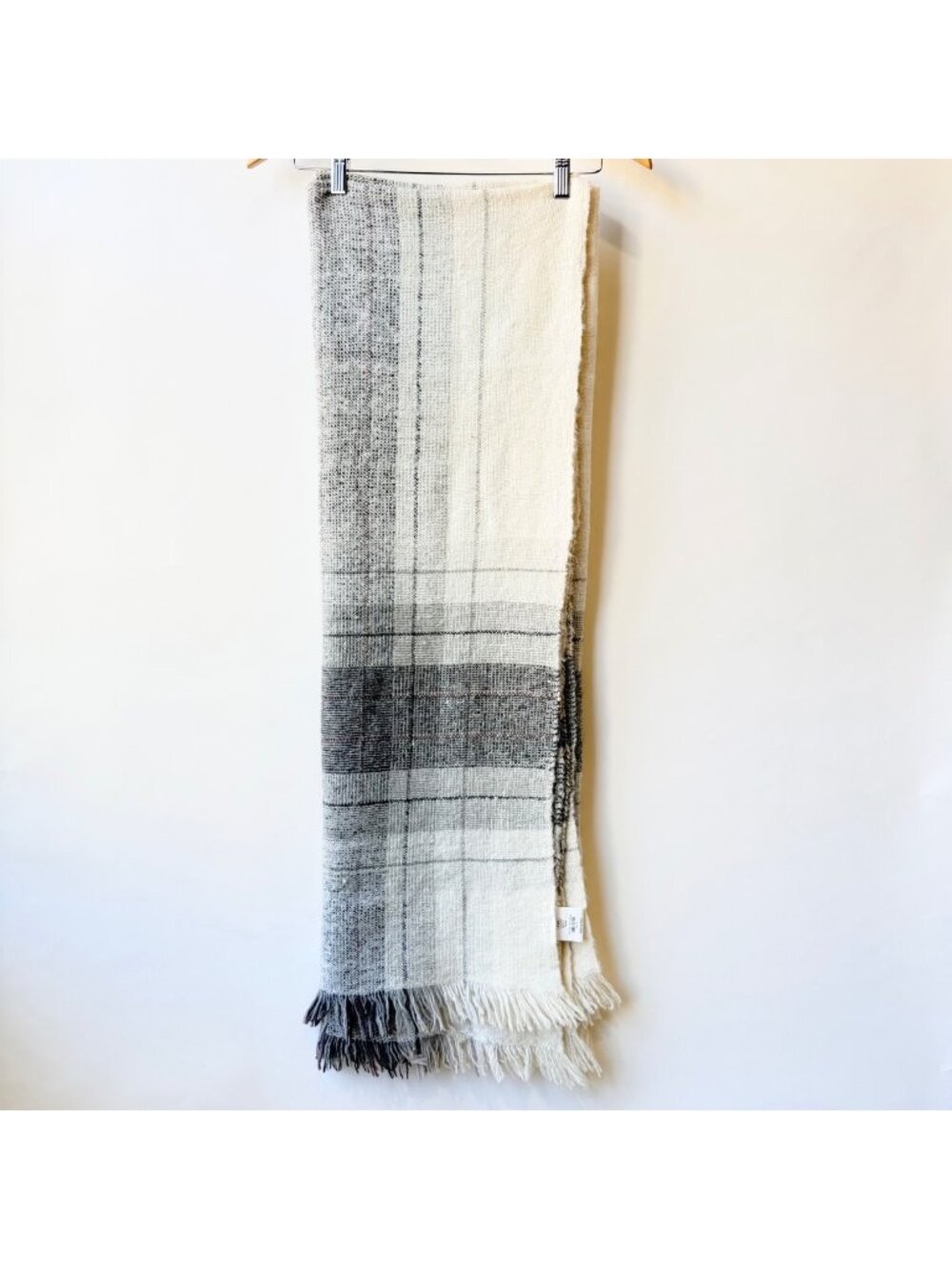 CB2 Motley Plaid wool blend Throw Blanket Gray Ivory Fringe Modern Woven *